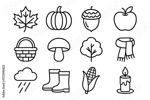 Autumn outline icons: cozy fall elements in simple linear style