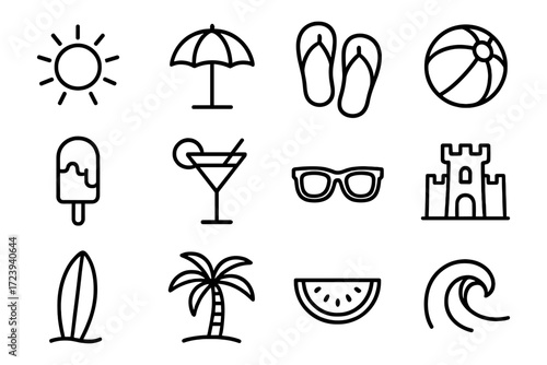 Summer line icons: beach essentials and fun in the sun