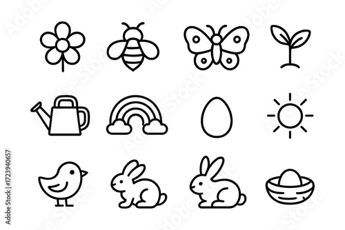 Simple spring icons set: nature and springtime symbols in clean line art style