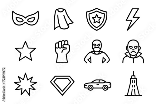 Minimalist superhero icons set with masks, capes, and symbols
