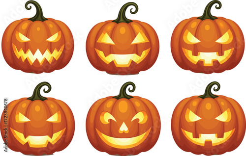 Halloween pumpkins, carved jack o lantern faces, spooky glowing pumpkins, scary Halloween decoration, creepy pumpkin lanterns, horror design, festive autumn art