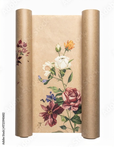 Floral Patterned Paper Scroll with Maroon Rose Center Piece on White Background