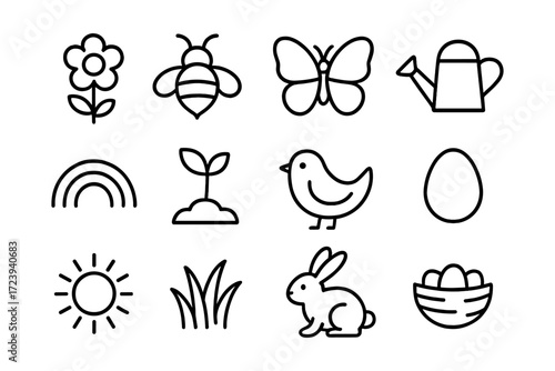 Spring nature icons set in simple black line style for seasonal design