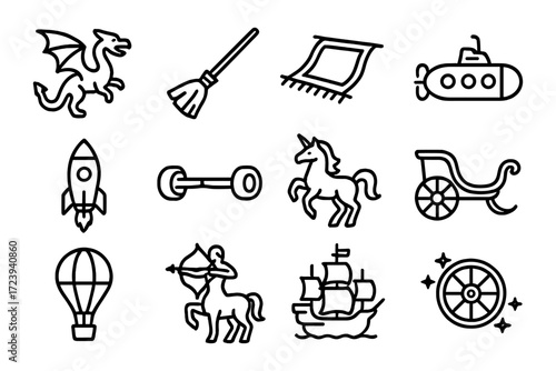 Whimsical fantasy icons: dragon, unicorn, rocket, and more in black linear style