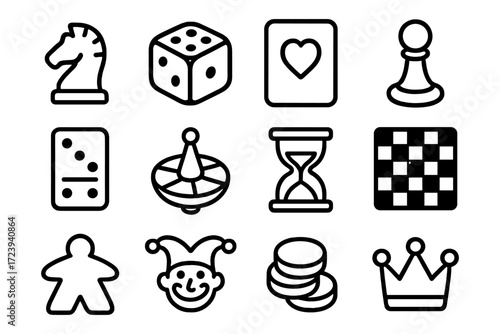 Bold game icon collection: classic outlined board and card game elements