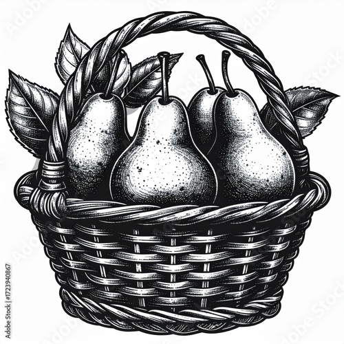 Pears in Wicker Basket with Leaves Black and White Engraving Style Still Life