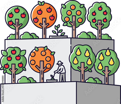 Vector illustration of rooftop orchard garden with fruit trees, apples, oranges, pears, urban farming, sustainable lifestyle, eco friendly agriculture design