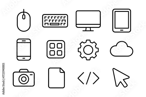 Minimalist technology icons set featuring electronics and digital devices in simple line art style
