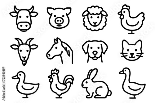 Minimalist animal icons set featuring farm animals in line art style