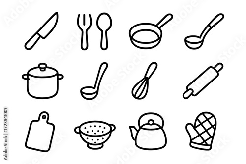 Simple black outline kitchen utensils icon set for cooking applications