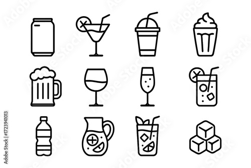 Minimalist beverage icons collection with soda cocktails and coffee
