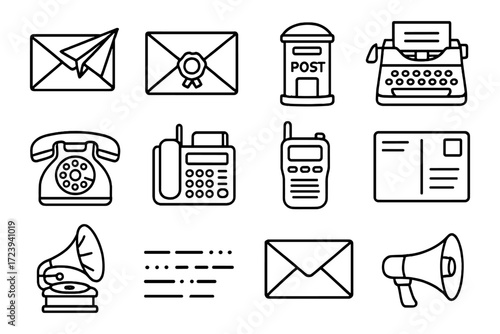 Linear icons of communication devices: typewriter, telephone, and more