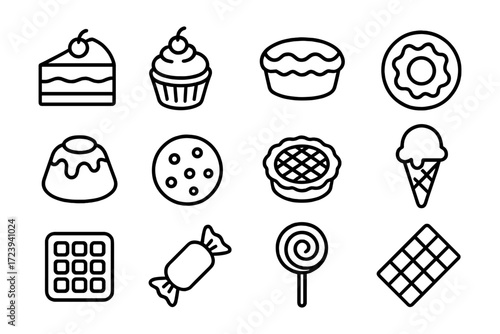 Minimalist line icons of delicious desserts and sweets for modern designs