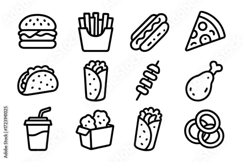Fast food icons: burgers, fries, hot dogs, pizza, tacos, and more in outline style