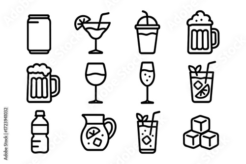 Outline icons of various beverages in modern minimalist style