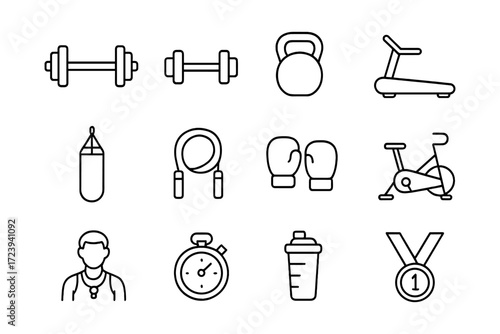 Linear gym equipment icons set: dumbbells, kettlebell, treadmill, boxing