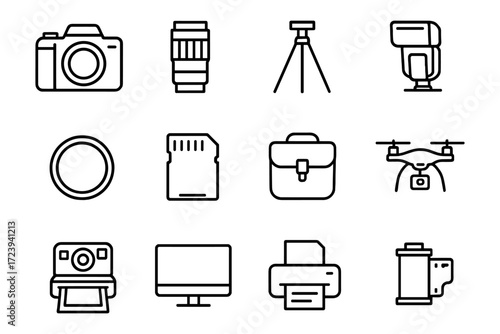 Minimalist camera and photography equipment icons set for digital creators