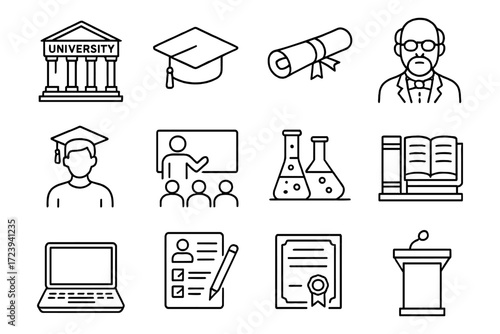 Comprehensive education icons set: school, learning, graduation, classroom tools