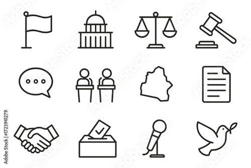 Line art icons of government symbols including flag, scales, gavel, and voting elements