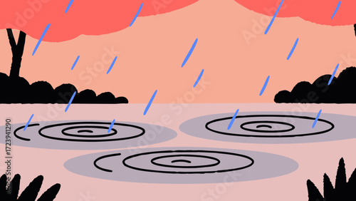Stylized illustration of rain falling on a body of water with ripples, surrounded by trees and clouds, evoking a sense of calm and nature