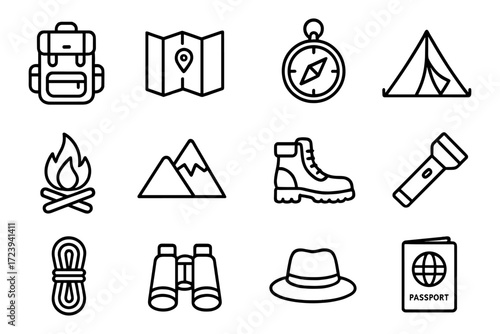 Adventure travel icons: explore gear in simple linear style