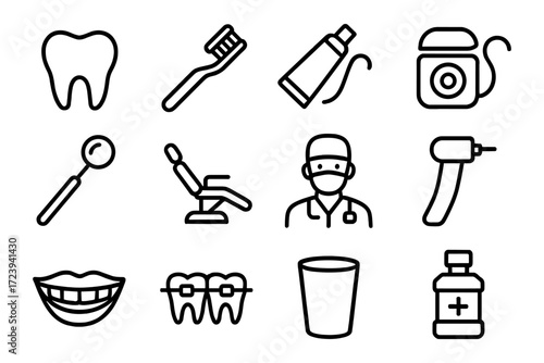 Dental outline icons set: tools, care, and hygiene essentials in linear style