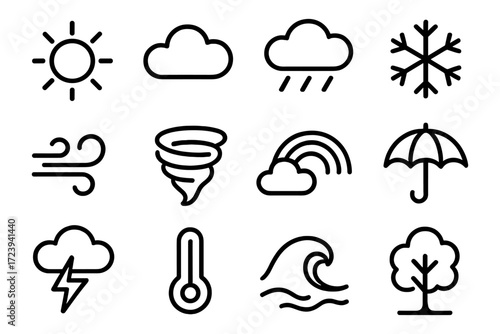 Weather icons set: sun, cloud, rain, snowflake, wind, tornado, rainbow, umbrella
