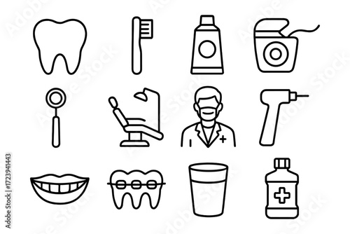 Dental care icons set: tools, tooth, dentist, oral hygiene essentials in linear style