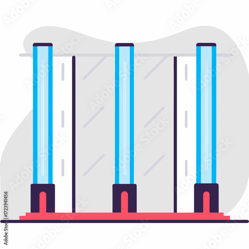 Three tall blue fluorescent lights stand in a row on a red platform, with a grey abstract shape in the background and a