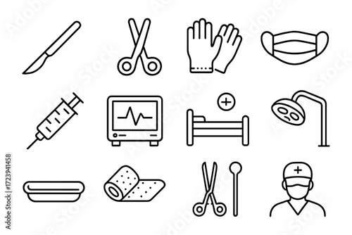 Medical equipment icons set featuring linear healthcare tools and hospital supplies