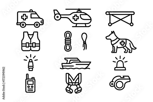Emergency rescue icons set featuring ambulance, helicopter, boat, dog, and more