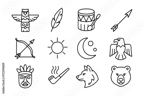 Native american symbols: tribal icons in minimalist line art collection