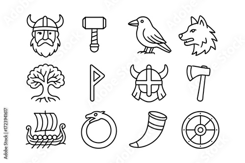 Nordic symbols and icons: viking helmet, hammer, and mythical creatures in linear style