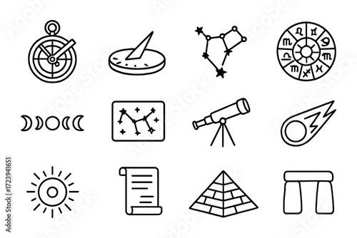 Outline icons of celestial navigation and ancient astronomy symbols