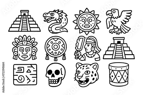 Ancient mesoamerican symbols set in bold outline style