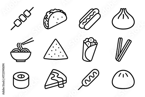 Outline icons of popular street foods from around the world