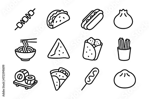 Minimalist line icons of popular street food from around the world