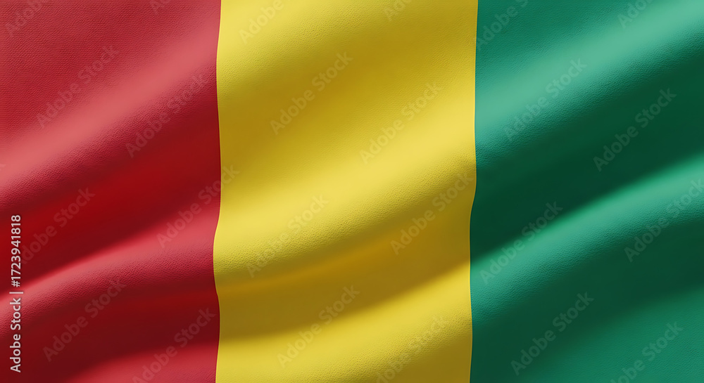 Fototapeta premium The flag of guinea waves gently, its vertical stripes of red, yellow, and green embodying the nations unity, progress, and hope for the future, a vibrant emblem of guinean identity