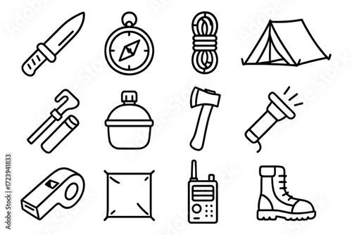 Camping gear icons: essential outline style for outdoor adventure design