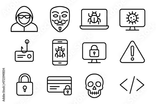 Cybersecurity threats and protection icons in outline style