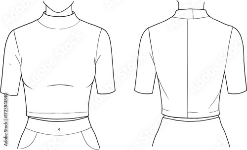 Women crop top fashion flat sketch, short sleeve turtleneck blouse, stylish fitted clothing design, front and back technical illustration template