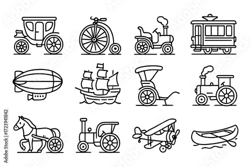 Classic transport icons in minimalist linear style featuring vintage vehicles and machinery