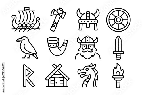 Viking icons set: linear symbols of norse culture with ship, helmet, and axe