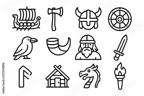 Viking icon set featuring longship, axe, helmet, and more in linear style