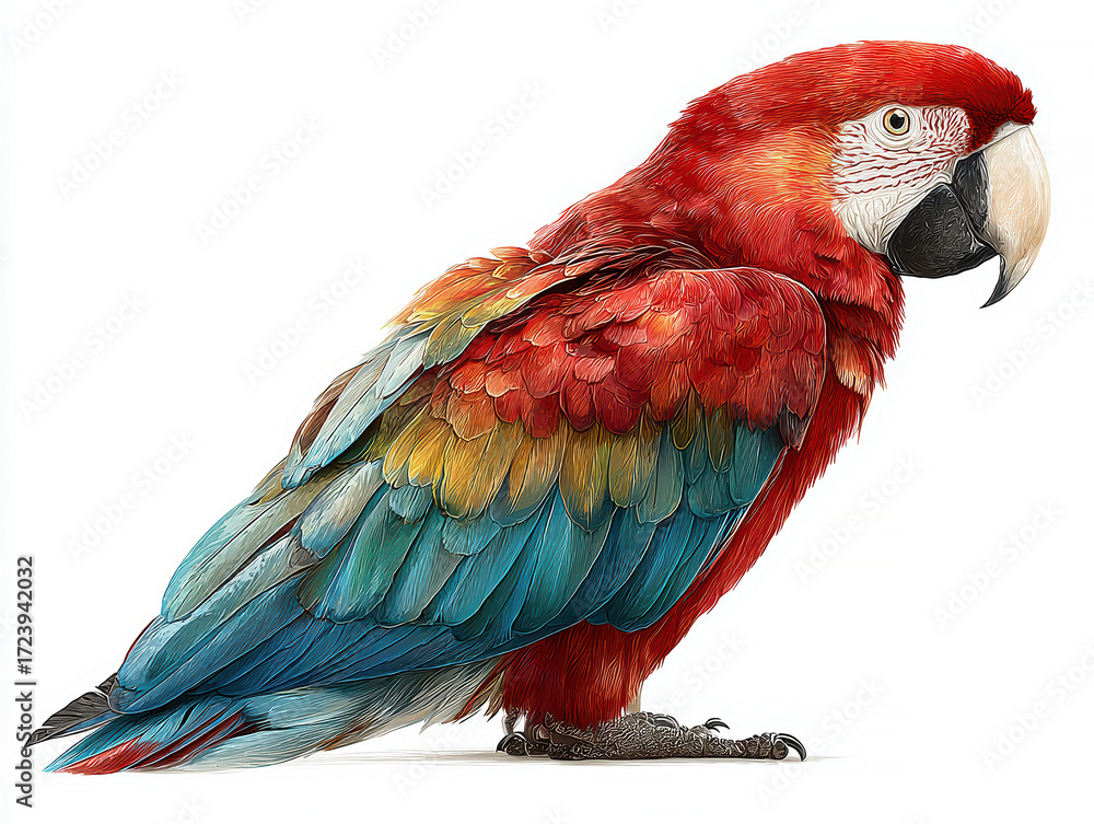 Obraz premium Close-up view of a colorful side profile parrot, vibrant red and green plumage with blue wing accents, expressive white beak, detailed feather texture, dark background - AI-Generated