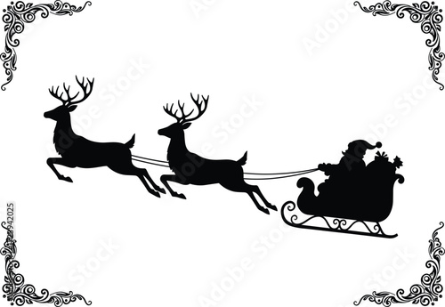 Santa Claus silhouette riding sleigh with reindeer, Christmas holiday vector illustration, vintage decorative border design, festive winter season background