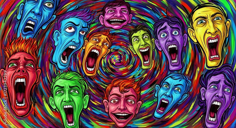 Fototapeta Vibrant Faces in a Psychedelic Spiral of Emotions.