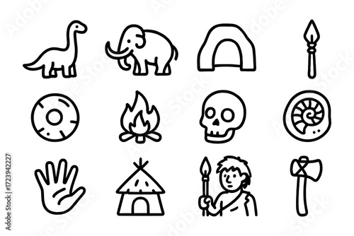 Stone age icons set featuring dinosaurs, mammoths, and cavemen