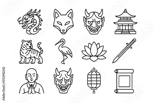 Traditional japanese icons: cultural symbols in linear design