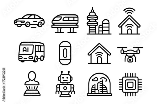 Modern technology and transportation icons in linear style